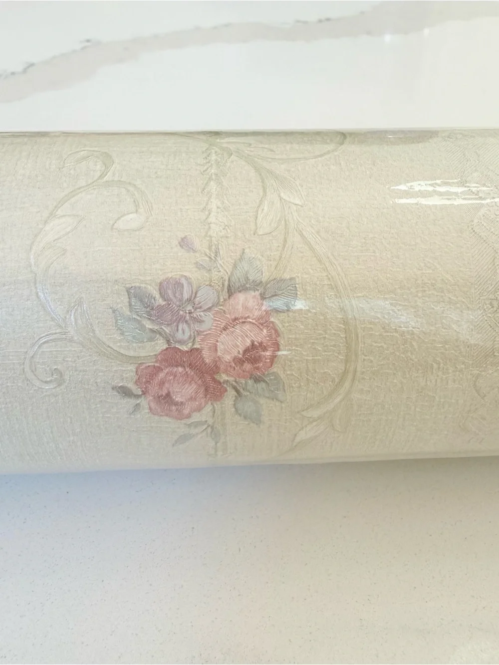 Emiliana Parati VTG Italian Vinyl Wallpaper Floral Pre-Pasted Beige Pink 11 Yd